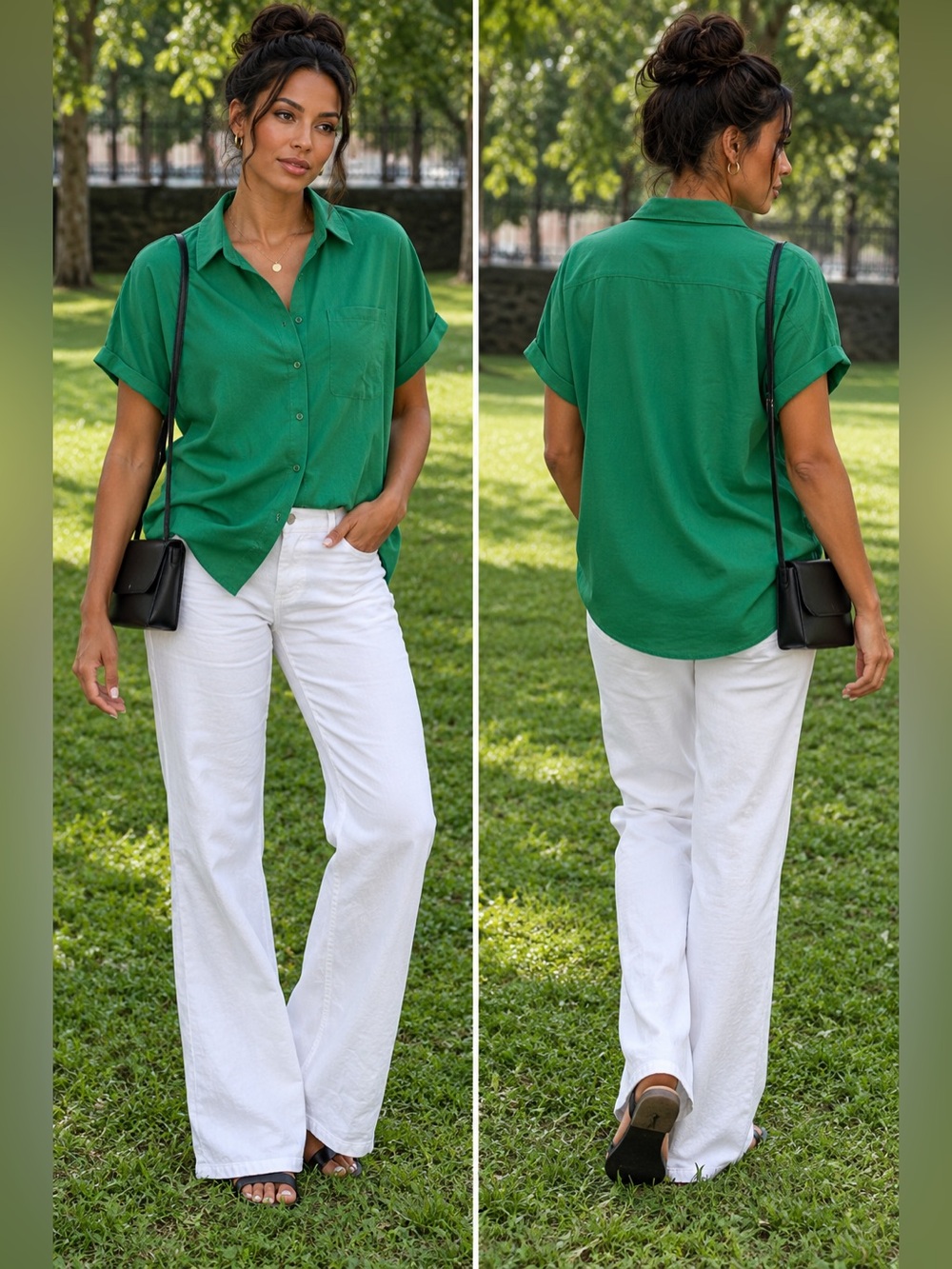 SHEIN Emerald Green Short Sleeve Button-Up Blouse*